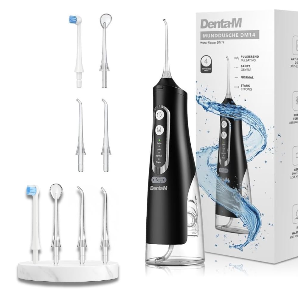 Munddusche Set mit 4 Ersatzdüsen – DM14 Water Flosser – Kabellose Zahndusche mit 4 Modi, 310 ml Tank, IPX7 wasserdicht
