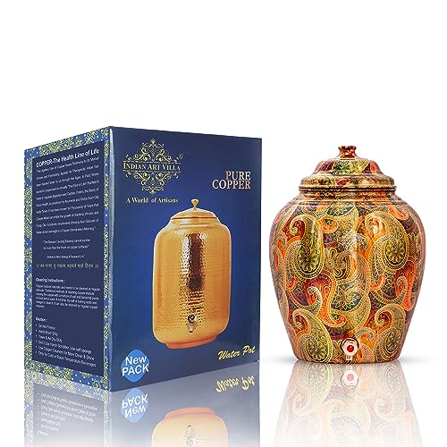 Image of Indian Art Villa Printed Paisley Design Copper Water Dispenser Pot Matka, Stoarage, Home Garden, 6 LTR