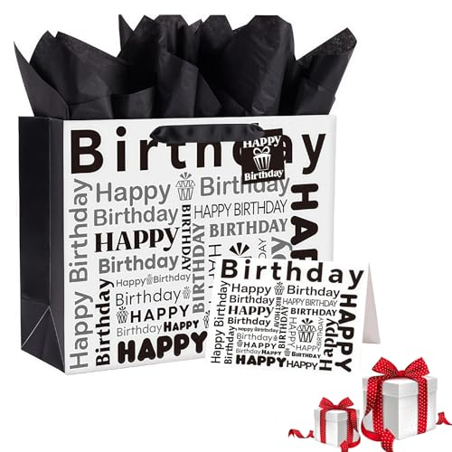 Gift Bag Large 33cmx12cmx26cm, Black White Luxury Gift Bag with gift Card and Tissue Paper Party Bags for Presents, Large Birthday Gift Bag for Her Women Men Boys Girls Birthday Party Bag