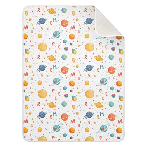 Image of Baby Swaddle Blanket for Baby Boy and Girl Soft Warm Security Bed and Play Blanket for Infant Toddler 30X40in Cartoon Outer Planets and Alphabet White
