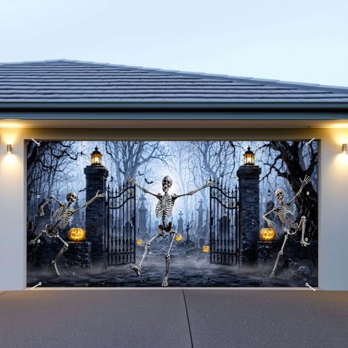 Xilantons 16x7ft Halloween Garage Door Cover, Dancing Skeletons Spooky Graveyard Backdrop, Scary Cemetery Door Banner with Pumpkins, Outdoor Wall Decor by Xilantons - Used condition - Image 4