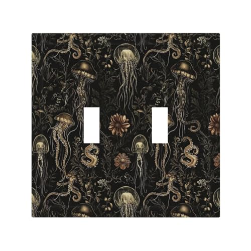 Decorative Switch Plate Covers Black Gold Jellyfish Squid Deep Sea Creatures 2 Gang Light Switch Cover Plate Unique Double Toggle Wall Plate Outlet Covers for Bedroom Home Decor