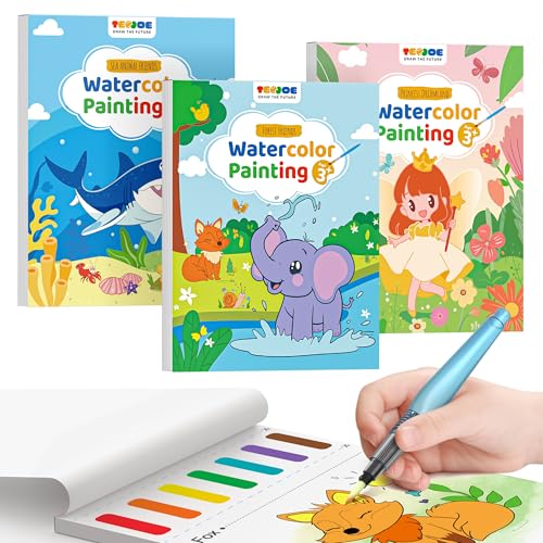 TECJOE 3 Pack Paint with Water Coloring Books for Toddlers, Watercolor Painting Set with 6 Brushes, Travel Activities for Kids Ages 1-3 4-8, Birthday...