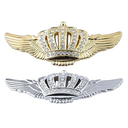 Image of Blingbling 3D Car Decal Sticker - Flying Crown Emblem, Personalized Crystal Crown Decal, Shiny Metal Finish, Compatible with Vehicle (Silver)