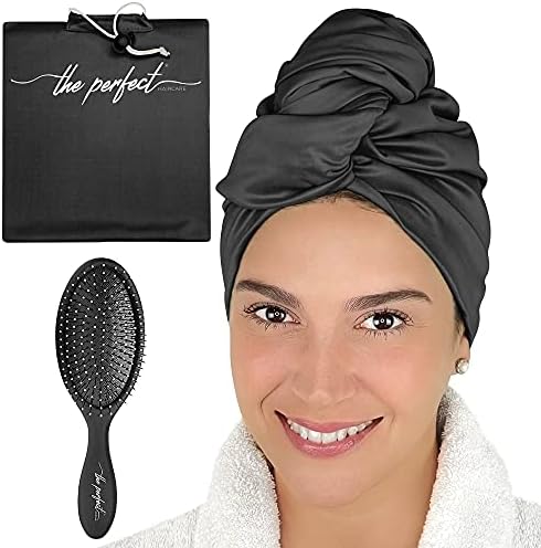 THE PERFECT HAIRCARE Ultra-Fine Microfiber Hair Towel Wrap & Wet/Dry Detangling Hair Brush Anti-Frizz Turban for Curly or Wavy Haired Women Girls & Kids - Quick Drying - Good for Travel (Black)