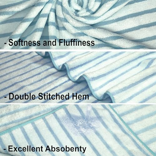Image of Cortina Stripe Printed Towels for Bath (70 x 140 cm) 380 GSM Microfiber, Ultra Soft, Highly Absorbent & Quick Dry for Gym, Beach & Bathroom Towels for Men, Women & Kids (Light Blue Strip)