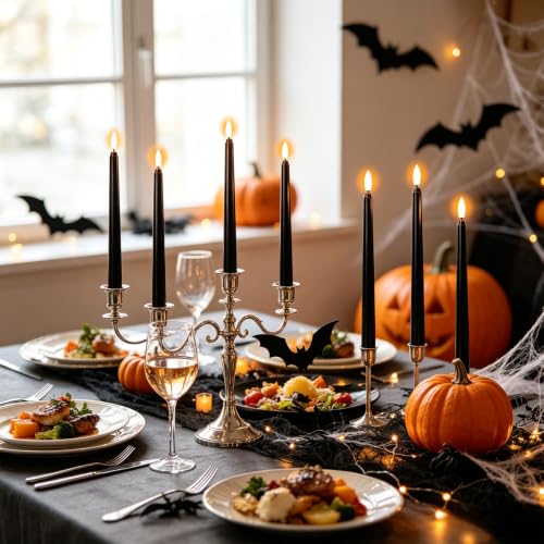 Image of Wondise 24pcs Halloween Flameless Taper Candles, Black Candles Battery Opearated Plastic LED 3D Wick Flickering for Halloween Table Decorations