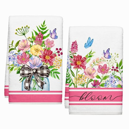 Image of Summer Wildflower Kitchen Towels, Butterfly Dish Towels Set of 2, Spring Watercolor Pink Floral Farmhouse 18 x 26 Inch Hand Towel Quick Drying Dishcloth Decor for Kitchen Bathroom Home