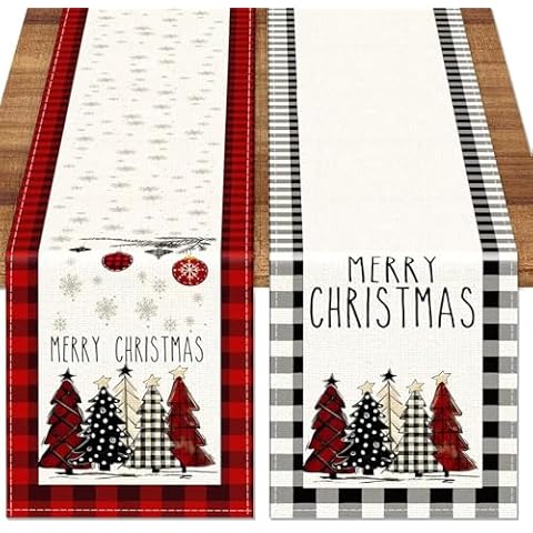 TOYPOPOR Set of 2 Christmas Table Runner, 2Pcs Buffalo Linen Christmas Trees Dining Table Runner for Xmas Holiday Seasonal Winter Decoration Indoor Outdoor Party Wedding - 120In Cover