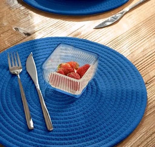 Image of Cotton Rope Placemats, Round Red with White Border, Set of 4, Heat Resistant Table Mats (Blue)