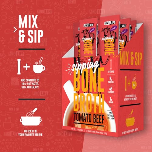 Image of LonoLife Tomato Beef Bone Broth Packets 10 Pack, Grass-Fed, 8g Protein