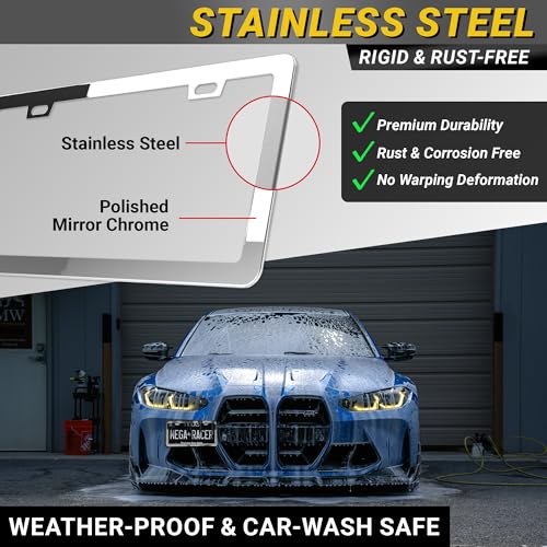 Image of Premium Slim Mirror Chrome License Plate Frames - 2 Pack, Rust-Free Stainless Steel, Rattle-Free, Street Legal Universal with Screw Caps, Thin Silver Metal Front & Rear Car Tag Holder, For Men & Women