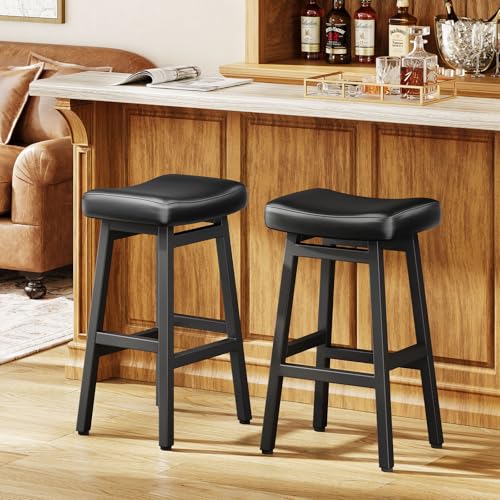 Raynesys 29 Inches Bar Stools Set of 2, Bar Height Barstools for Home Counter, Blackless Barstool with Bonded Leather Saddle Seats & Heavy Duty Metal Legs, Easy Assembly, All Black