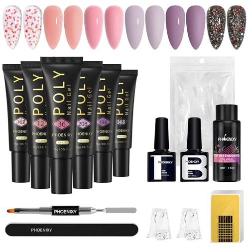 Phoenixy Poly nagelgelset, 6 kleuren, nagelverlenging, gel, roze, paars, zwart met basislaag en top coat, slipoplossing, valse nagels, gelnagels, starterset