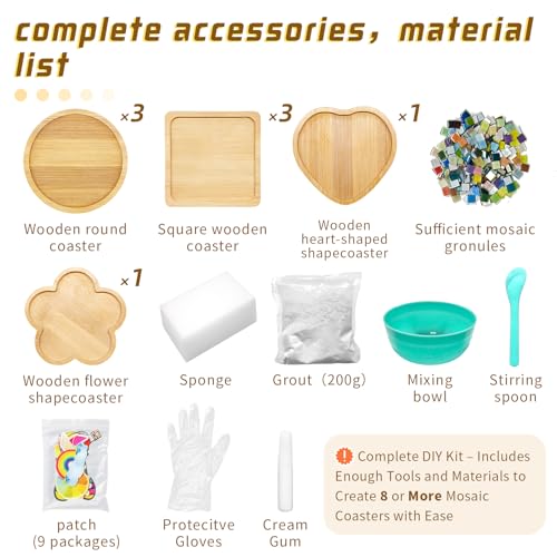 Wulqiiy 8 Sets DIY Mosaic Coaster Kit – Mixed Color Glass Mosaic Tiles for Crafts with Wooden Drink Coasters, Bamboo Handmade Tray Craft Set for Adults, Home Decoration & Gift