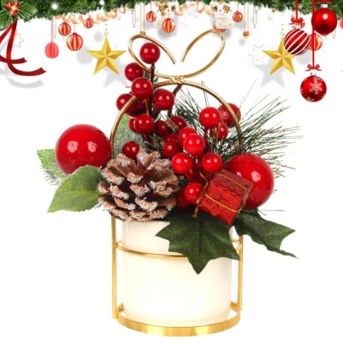 Decoraciones de mesa navideña con piñas artificiales y macetas de capa vegetal 2