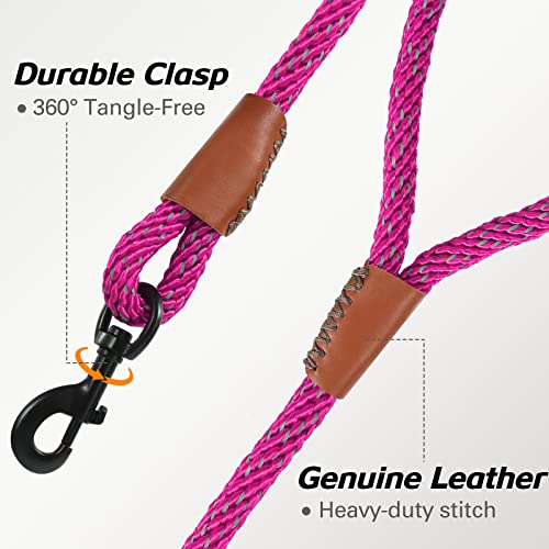 Joytale Dog Leash Large Dogs,6Ft Leash With Reflective Threads,1/2 Inch Heavy Duty Nylon Dog Rope With Leather Connectors For Large Medium Breed Dogs From 15 Lbs To 180 Lbs,Hotpink #TOP2