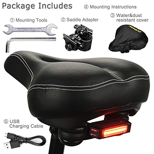 DAWAY C900 Bike Seat with Rechargeable Taillight - Men Women Foam Padded Leather Wide Bicycle Saddle Cushion, Comfortable, Waterproof, Dual Spring, Soft, Breathable, Universal, Black