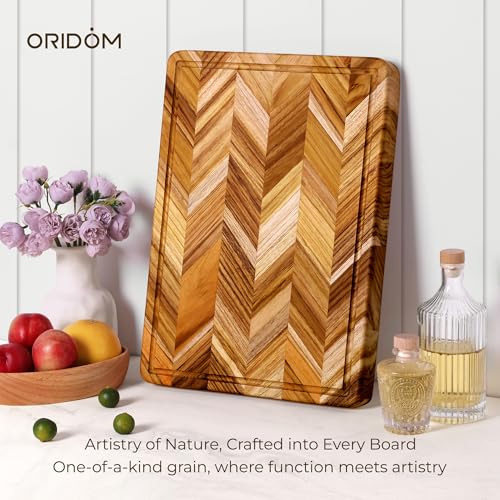 oridom Teak Wood Cutting Board for Kitchen Large End Grain Heavy Duty Checkered Wooden Cutting Board Non Toxic Herringbone Charcuterie Butcher Block Non Slip Hardwood Chopping with Juice Groove Handle by oridom - Used condition - Image 7