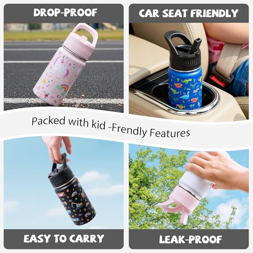 14 Oz Kids Water Bottle, Stainless Steel Water Bottle with Straws, Leak-Proof, BPA-Free, Insulated Water Bottles for School Boys & Girls|Black Car