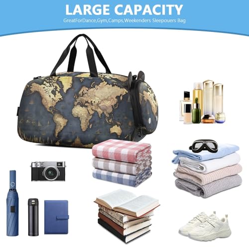 World Map Pattern Duffle Bag for Girl, Sports Duffle Gym Bags with Shoe Compartment, Personalized Overnight Bag Travel Weekender for Kids4