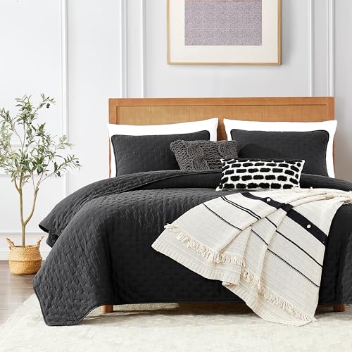 ROARINGWILD Black Queen Size Quilt Bedding Sets with Pillow Shams, Lightweight Soft Bedspread Coverlet, Quilted Blanket Thin Comforter Bed Cover, All Season, 3 Pieces, 90x90 inches