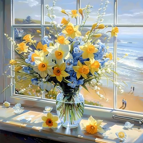 Ohhvvow 5D Vase Flower Diamond Painting Kits for Adults Beginners, Yellow Floral Diamond Art Kit, DIY Full Drill Round Diamond Dot Gem Art Kits for Adults, Home Wall Decor 14x14 Inch
