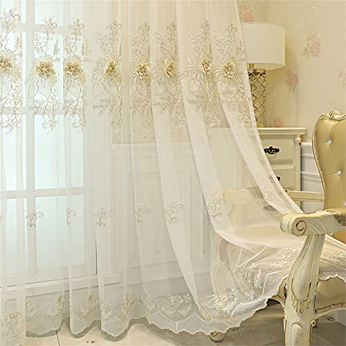Aifmqq Luxury Beige Floral Sheer Curtains With Top Attached Valance European Style Beaded Embroidered Voile Curtains For Living Room Tulle Window Treatments For Villa Grommet Pair Of W52 L96 Inch #TOP2