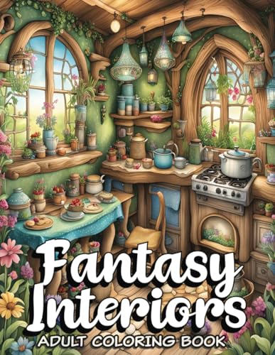 Fantasy Interiors Coloring Book: Relax with 52 hyper-realistic illustrations in the Magic Whimsical Fantasy Grayscale Coloring Book for adults.