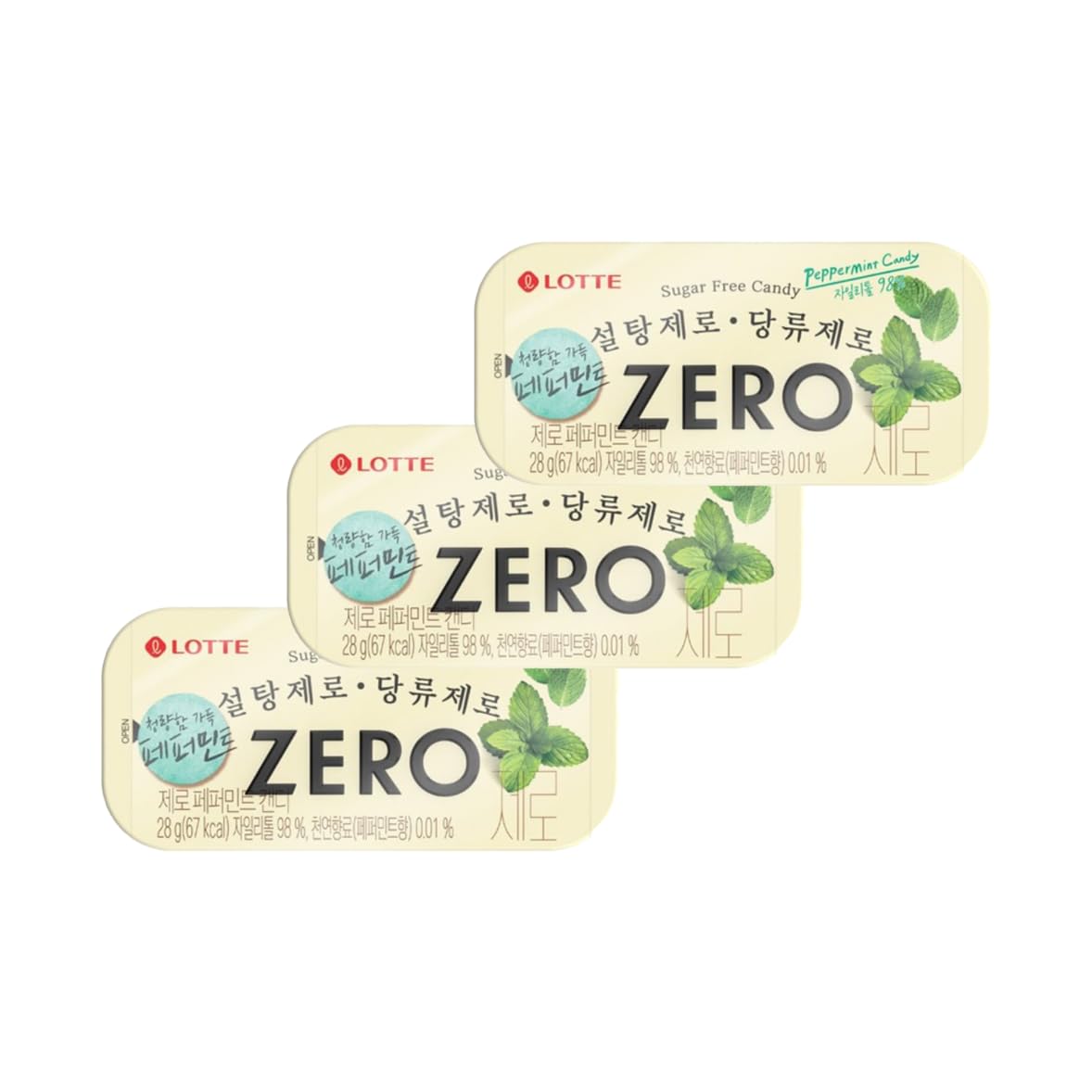 Zero Sugar Candy, Lemon/Pepper/Peach Mint Flavor Sugar Free Candy, Refreshing Taste, Portable Tin Case, 28g (0.98oz), 3-Pack (Peppermint)