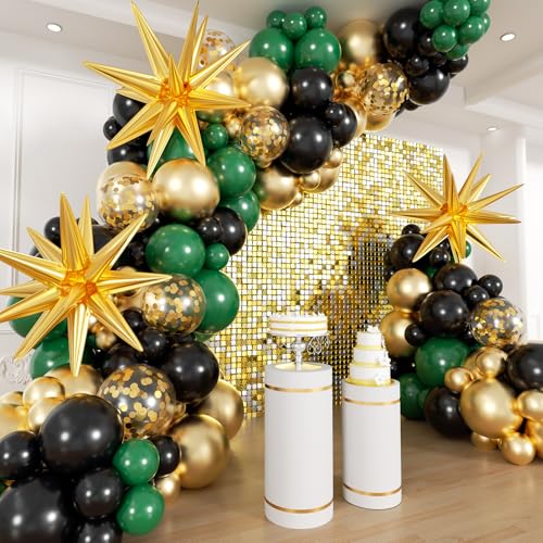Image of Green and Gold Black Balloon Arch Kit, 201Pcs Explosion Star Emerald Forest Dark Green Metallic Gold Black Balloons Garland for Birthday Baby Shower Jungle Graduation Prom Party Decorations