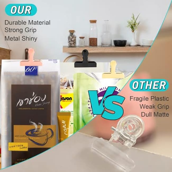 Funfery 3 Inch Stainless Steel Gold Chip Clips Bag Clips Large Clips for Food Packages,Food Clip Kitchen Clips for Snack,Home&Office Clips for Paper,Strong Metal Chip Snack Clips Heavy Duty-8 Pack