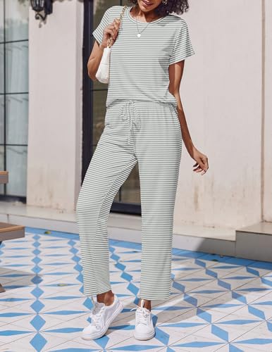 Image of Ekouaer 2 Pack Pajamas for Women Set Short Sleeve Sleepwear Top and Pants Pjs Soft Printed Lounge Sets with Pockets