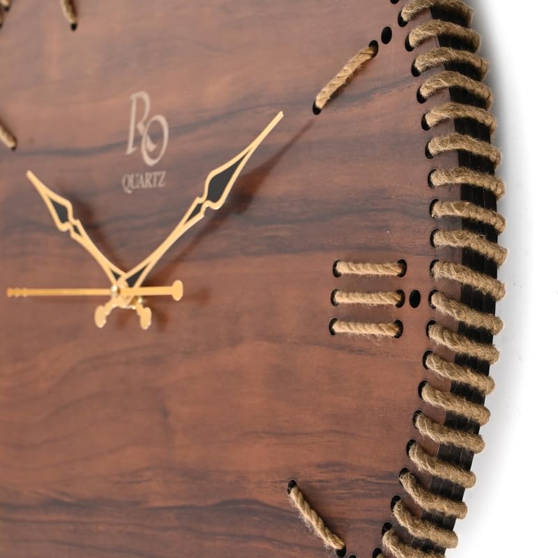 Image of Wooden Round Shape Roman Dial Analog Clock with Golden Hand and Golden Jute Rope Detailing | Silent Quartz Movement Anti Reflection Wall Clock for Home and Office (Brown, 15.5 inch)