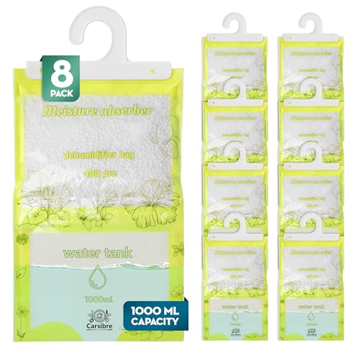 Bolsas antihumedad armarios carSIbre – Pack 8 de alta capacidad (3,2 kg en total) – 400 g por bolsa con depósito XL 1 L – Deshumidificador colgante para ropa y armarios, sin fragancia