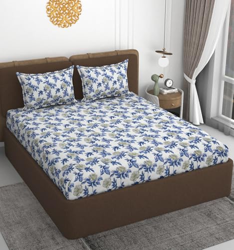 Image of VOMZER 320 TC Cotton Feel All Around Elastic Fitted Bedsheets King Size, Premium Fitted Bedsheets King Size for Double Bed with 2 Pillow Covers, Size- 78 inch x 72 inch