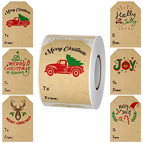 300 Tag Stickers - Self Adhesive Presents Labels in 6 Designs, Easy to Write Name & Paste - Kraft Paper Xmas Stickers (2*3 inch)