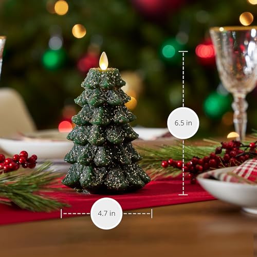 Image of Luminara Christmas Tree Flameless LED Candle, Dark Green 4.7 inch x 6.5 inch, Moving Flame Battery Operated Timer, Holiday Decor, Glitter Snow Finish Safe