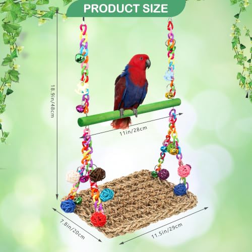 Image of Bird Swing Mat with Wood Perch, AHIER Seagrass Bird Hammock for Conures with Chewing Toy for Parakeets, Budgie, Cockatiel Cage Accessories (Green Pole)