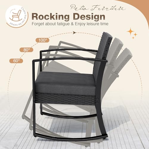 Greesum 3 Pieces Outdoor Furniture Set Patio Bistro Rocking Chairs with Glass Coffee Table for Pool Beach Backyard Balcony Porch Deck Garden, Black - Image 2