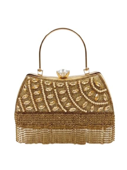 Elegant Beaded Clutch Purse for Women with Crystal Diamante | Designer Evening Party Handbag with Detachable Chain | Bridal Wedding Prom Rakhi Raksha Bandhan Festive Gift for Women-image-11
