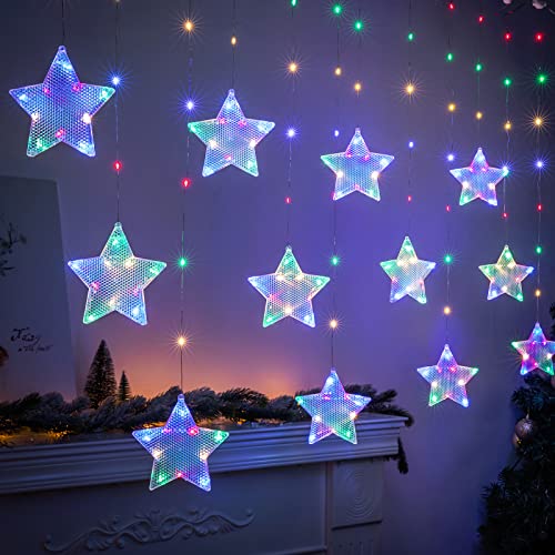 BLOOMWIN Rideau Lumineux, Guirlandes Lumineuses Étoiles 3x0.75M 180 LED 8 Modes 5V USB avec Anneau Fixe Parfait Pour Rideau Fenêtre Décoration de Noël Mariage Jardin Chambre Anniversaire Cover