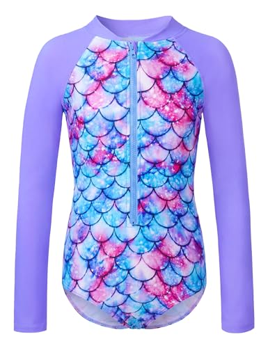 Image of Girls Long Sleeve Swimsuit Zipper Rash Guard Bathing Suit Swimwear with UPF 50+ Sun Protection for Toddler Kids