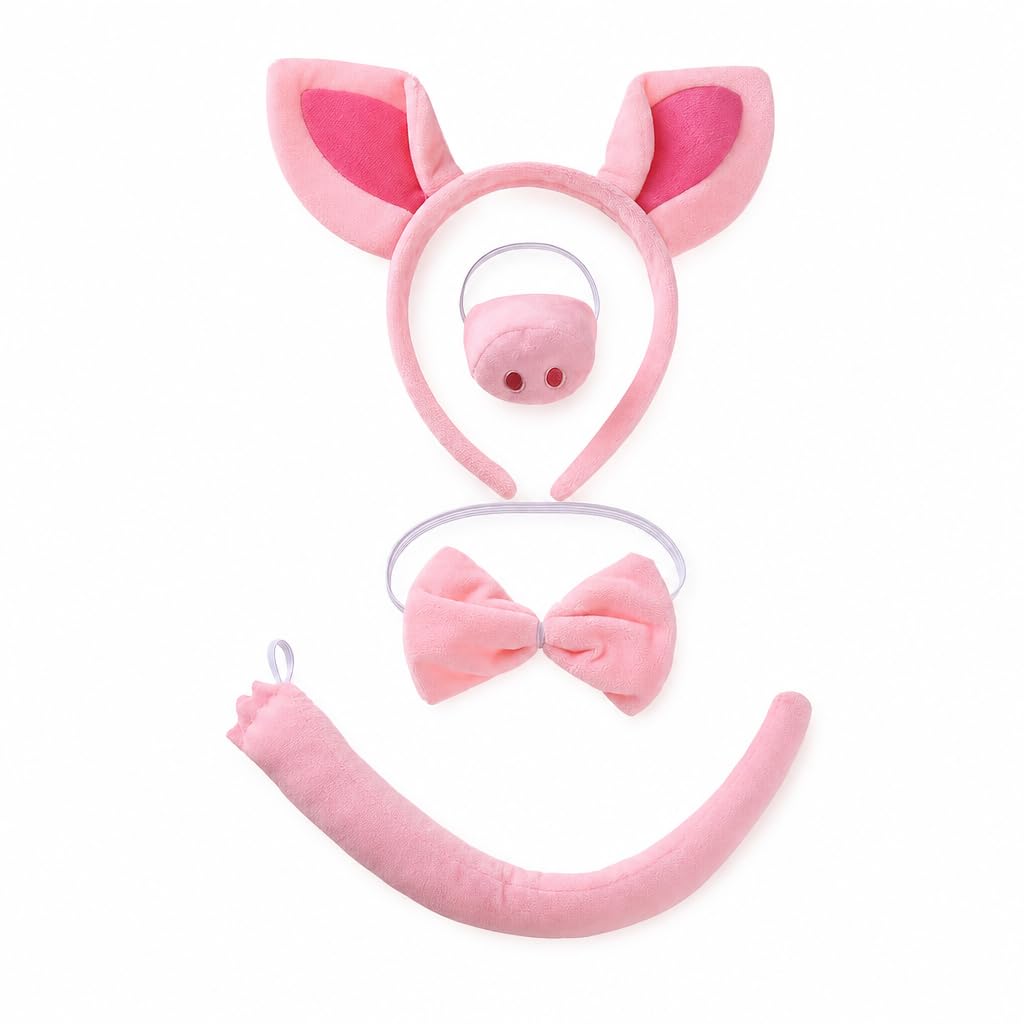 Kuwuarg 4 Piece Pig Costume Set, Complete Pig Outfit, Halloween Costume Accessories and Themed Party Dress Up, Adjustable Headband 25x20cm with Pig Nose and 33cm Tail