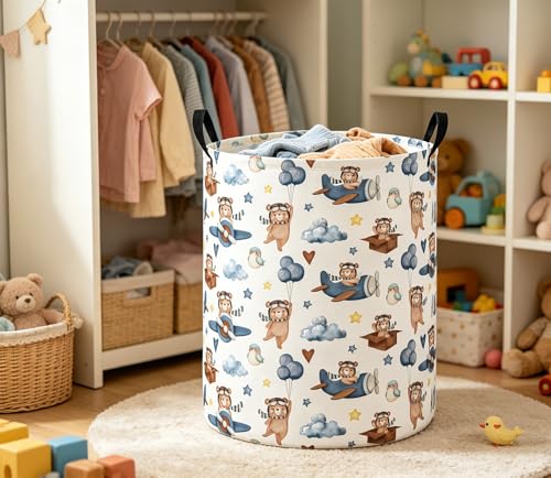 Image of Baby Laundry Hamper Basket Baby Hamper for Nursery Boy and Girl Cute Storage Bin Organizer Boho Room Decor(Bear Pilot)
