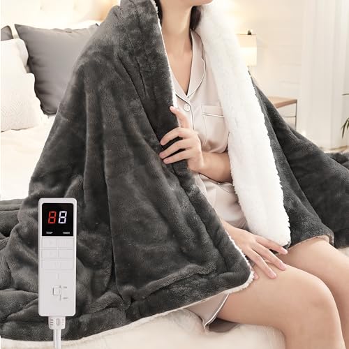 Electric Heated Blanket Single 130×160cm – Soft Flannel & Cotton Fleece, 9 Heat Levels, 1–9H Auto-Off Timer, Overheat Protection, Machine Washable, Ideal for Sofa, Bed, or Office Use, Dark Grey