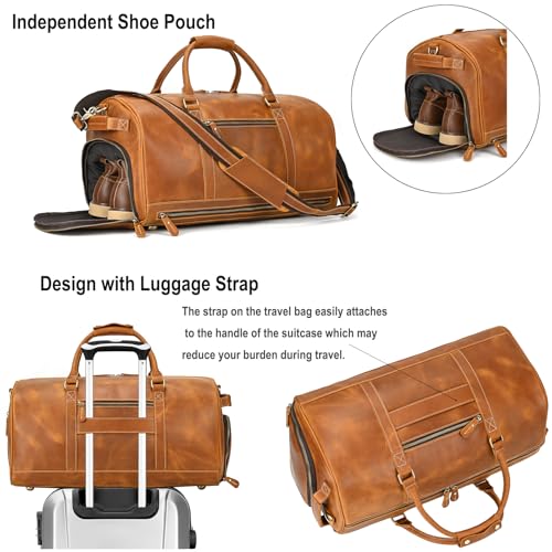 LUUFAN Full-grain Leather Travel Bag Large Capacity Duffel Luggage Bag with Shoe Compartment, Men Weekend Overnight Bag for Business Holiday Trip, Light Brown — view 5