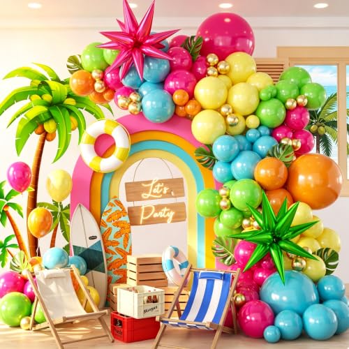 Image of 157PCS Flamingo Tropical Luau Balloons Arch Garland Kit, Olive Green Hot Pink Orange Blue Yelloow Gold Balloons with Foil Star Balloons for Summer Beach Aloha Pool Party Decorations Supplies