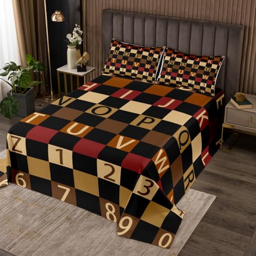 Homemissing ABC-Nummer Tagesdecke 220x240cm Schecked Alphabet Doppelbett Gesteppt Braun Schwarz Plaid Bettüberwurf 26 Englische Buchstaben Steppdecke Wohndecke