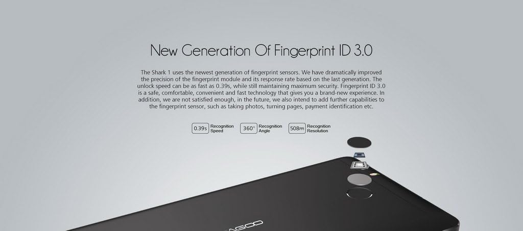 Close-up of the LEAGOO Shark 1's rear-mounted fingerprint sensor.